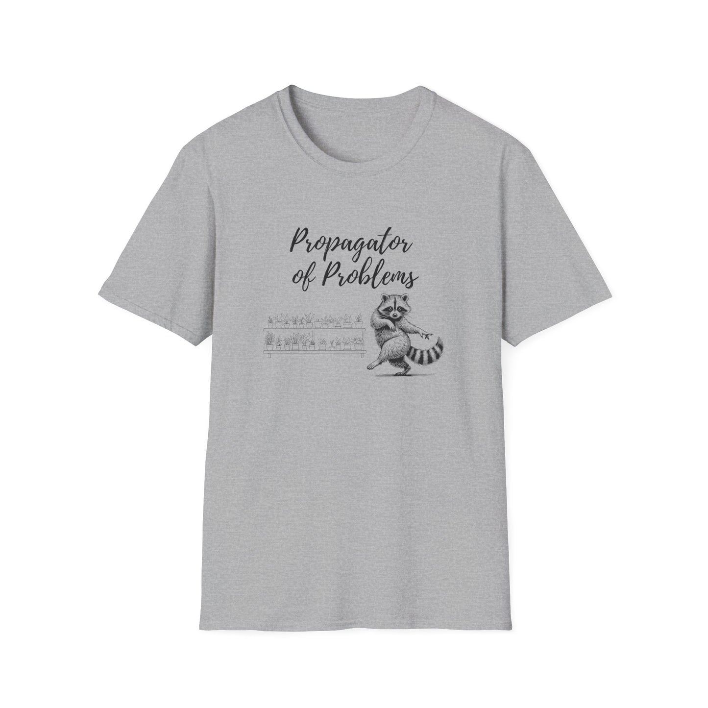 Funny Raccoon T-Shirt, Propagator of Problems Tee, Gift for Animal Lovers, Quirky Graphic Shirt, Casual Wear for Any Occasion